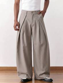SWAVVY Men's Striped Pleated Wide Leg Loose Fit Long Pants With Pockets - Apricot - View 1