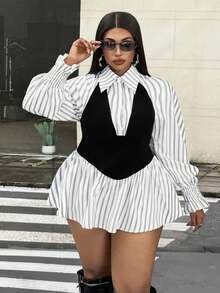Mawevolt Korean Style Striped Polo Collar Shirt, Slim Fit Flattering Commuter Versatile Plus Size Women's Top Fall - Black and White - View 2