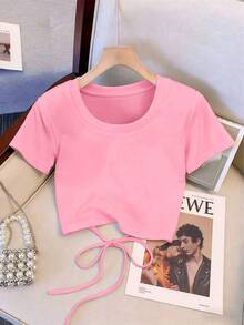 Resyla Matching Short Round Neck Raglan Sleeve Top + Straight Leg Pants With Slant Pockets - Pink - View 3