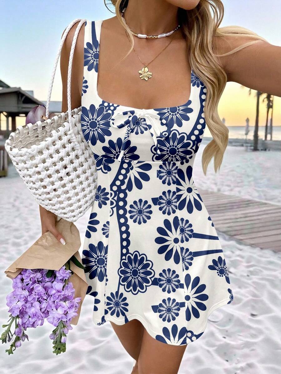 SHEIN LUNE 女款花卉印花休閒派對與旅行迷你洋裝 - 彩色 - 查看 1