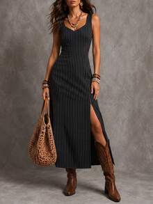 Solivie Women's Fashion Western Boho Chic Style Black And White Striped High Slit Dress Holiday Holiday Vacation Summer,Dresses For Women Summer Vacation - Black - View 8