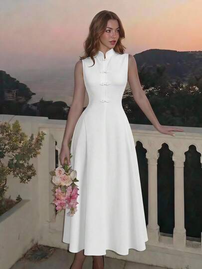 SHEIN MOD Elegantes Damen-Sommerkleid Einfarbig, ärmellos, mit Taillenbetonung, Midi-Länge