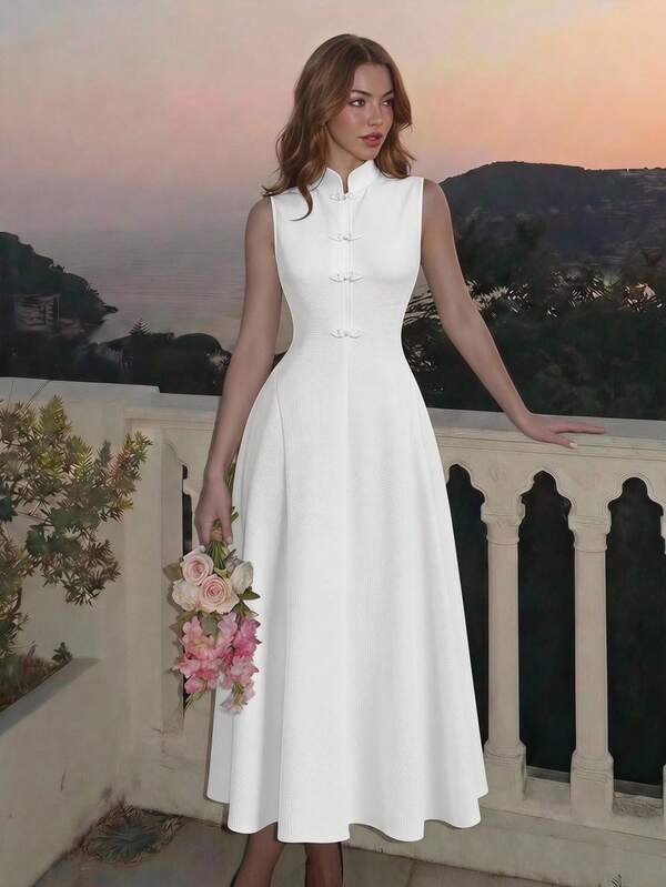 SHEIN MOD Women's Elegant Sleeveless White Midi Dress With Mandarin Collar And Traditional Frog Button Details,Picnic, Banquet, Party, Vacation Dress