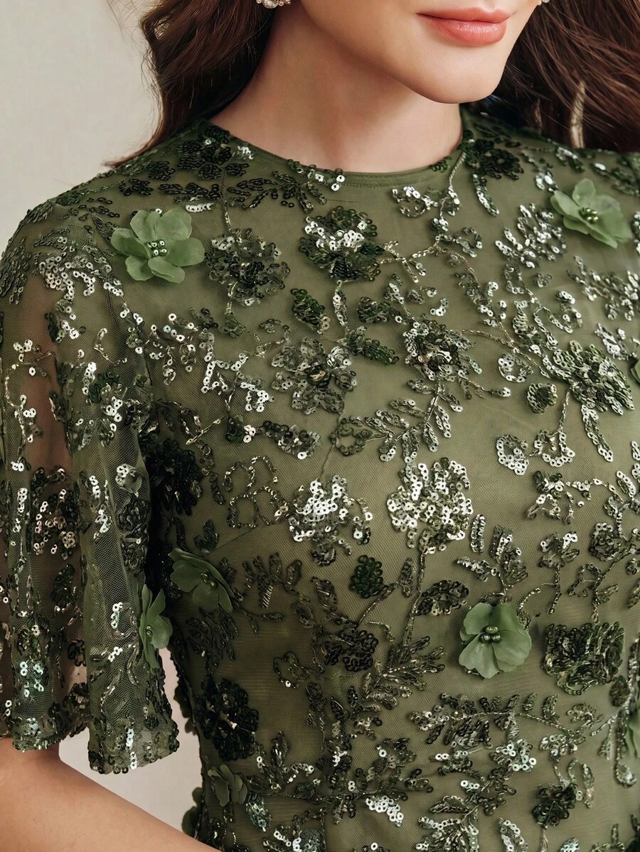 Anewsta 夏季節慶度假風女款現代海軍藍高端派對約會3D花卉網紗亮片荷葉邊短袖洋裝 春季女裝夏季服飾 - 綠色 - 查看 1