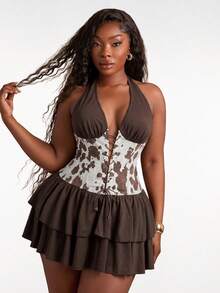 Radiana Plus Size Women's Cow Print Patchwork Double Ruffle Hem Halter Deep V Mini Dress 70's Chocolate Brown Summer Night Out Cocktail Date Night Vacation - Brown - View 4