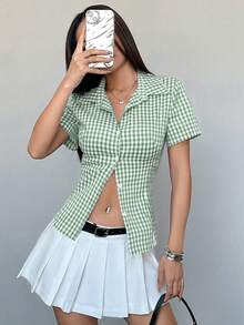 Sweetra 女款復古港風小格紋修身顯腰百搭休閒 Polo 領短袖襯衫 春夏季 - 綠色 - 查看 7