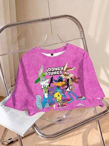 LOONEY TUNES X SHEIN Women's Casual Letter & Cartoon Animal Print Short Sleeve Cropped T-Shirt, Summer Graphic Tees Women Crop Graphic Crop Tops Cropped Graphic Shirt Anime Shirt - White - View 1