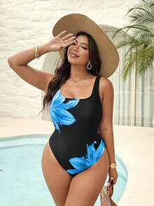 SHEIN Swim 大尺碼女款花卉印花時尚連身泳衣，適合度假 - 彩色 - 查看 5