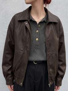 DAZY Women's Fashionable Versatile Casual Jacket, Autumn Leather Jacket School Cute Tops - Brown - View 7