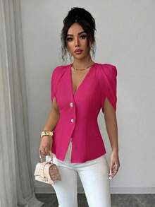 SHEIN Elenzya Women's Elegant Romantic Tailored Blazer With V-Neck, Pleated And Cinched Waist - Hot Pink - View 4