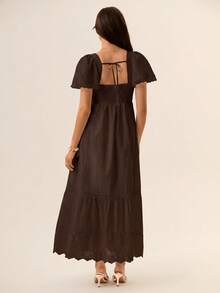 Willow Rêve 白色波希米亞風蕾絲拼接刺繡純棉長洋裝女款 - 咖啡 - 查看 6