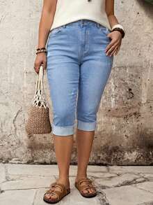 EMERY ROSE EMERY ROSE Plus Size Women Distressed Pocket Casual 3/4 Length Jeans - Light Wash - View 5
