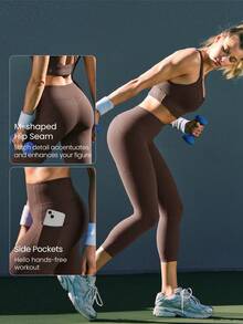 GLOWMODE 21" FeatherFit™-Sculpt Slay The Sweat Compressive Anti-Roll Tummy Control No Front Seam Side Pockets Leggings Training Running Workout Gym - Brown - View 5