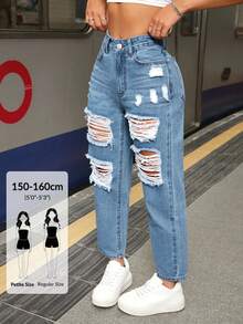 SHEIN PETITE 女式休閒多用途錐形牛仔褲，帶有破損設計口袋 - 淺色水洗藍 - 查看 1