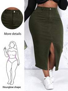 CurvyTilda 大码女式口袋开衩下摆长款休闲牛仔半身裙 - 軍綠色 - 查看 4