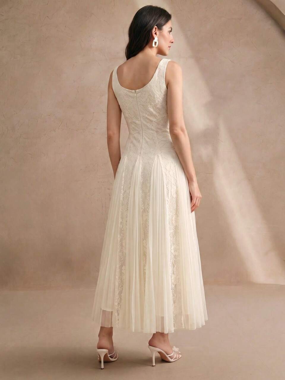 Anewsta Spring/Summer Elegant Fashion Lace Patchwork Design Waist-Cinching Sleeveless Women's Dress