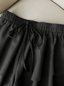 SHEIN PETITE 女款純色腰綁帶荷葉邊寬鬆裙褲 - 黑色 - 查看 6