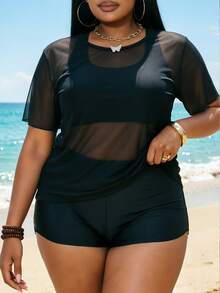 Swim SPRTY Plus Size Women 3pcs Set Solid Color Mesh Cover-Up, Camisole Bra And Shorts Bikini Set Set, Suitable For Beach, Vacation, Surfing And Sports - Black - View 3