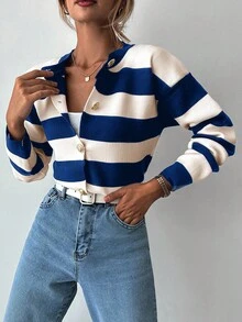 EURMUSE Women's Autumn Striped Long Sleeve Metal Single-Breasted Knit Cardigan - Dusty Blue - View 4