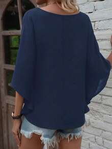 EMERY ROSE Blusa unicolor de manga murciélago de cuello V - Azul Marino - Ver 2