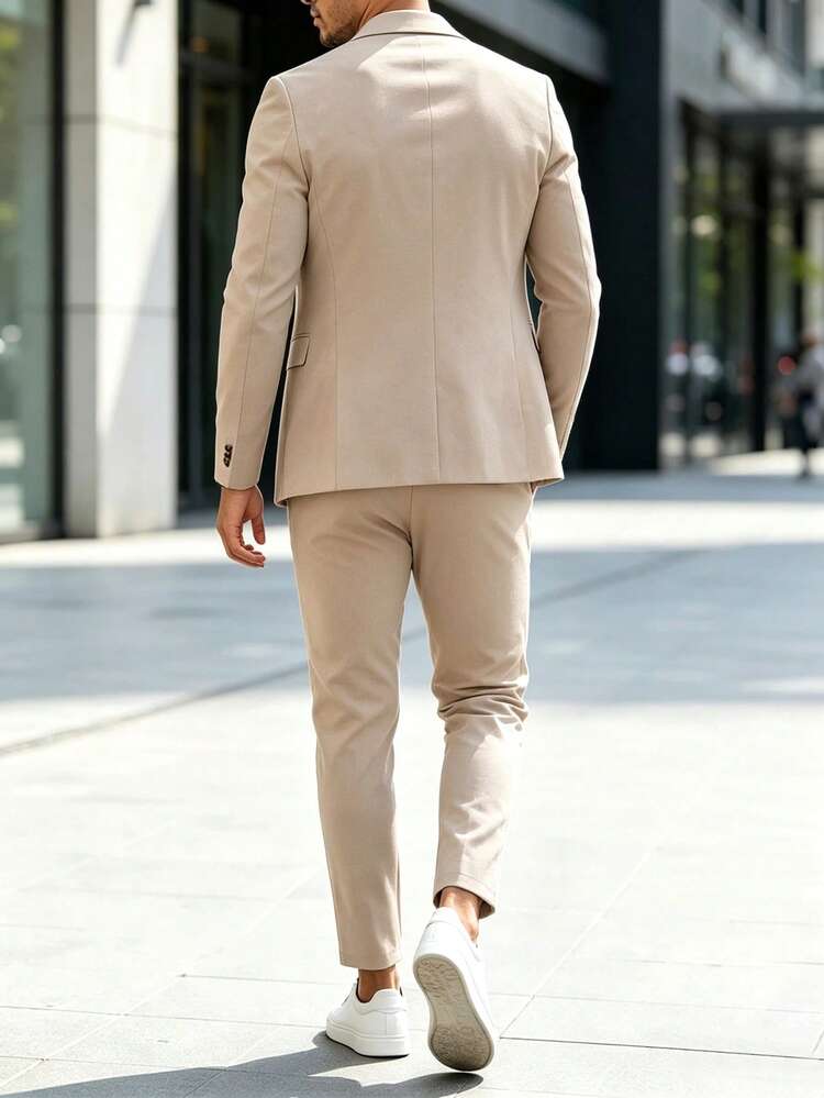 Manfinity Mode 男士商務休閒單扣西裝外套與長褲套裝，缺口領設計，更具層次感與風格，適合日常通勤、商務、派對與宴會穿著，男士衣櫥必備百搭單品，送給男友或丈夫的完美禮物 - 杏色 - 查看 2