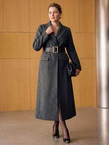 MOTF PREMIUM WOMEN'S PLUS SIZE AUTUMN/WINTER LAPEL CINCHED WAIST WIDE LEATHER BELT SLIMMING OVERCOAT - Dark Grey - View 1