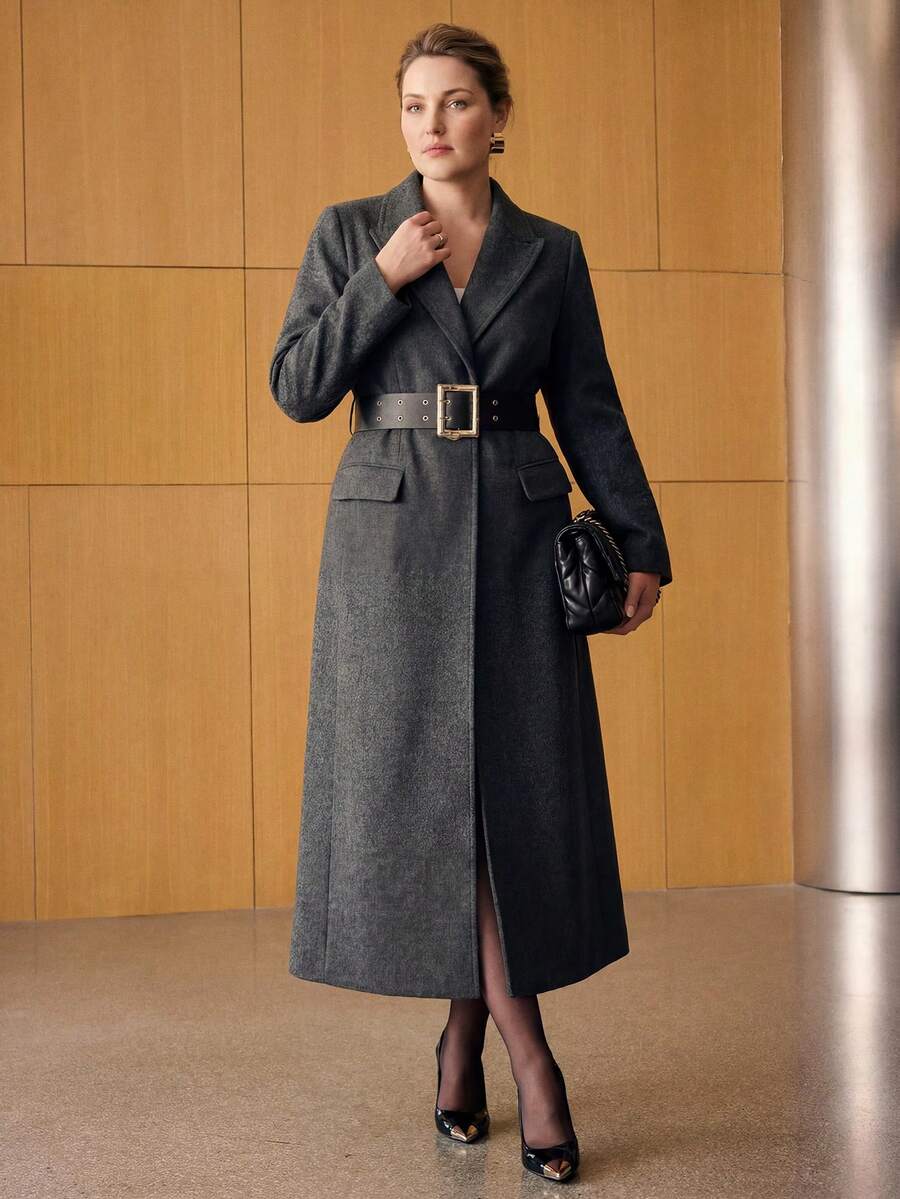 MOTF PREMIUM WOMEN'S PLUS SIZE AUTUMN/WINTER LAPEL CINCHED WAIST WIDE LEATHER BELT SLIMMING OVERCOAT - Dark Grey - View 1