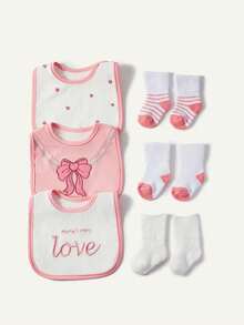 6-Piece Set, Baby Girl Pink Bow Love Bib Set (Including 3 Pairs Of Socks + 3 Bibs) Can Be Used As A Newborn Gift. - mixed color - View 2