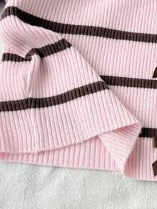 SHEIN 兒童青少年女款開襟針織外套 秋/冬新款 休閒時尚 百搭 粉色對比棕色條紋 蝴蝶結裝飾 圓領長袖 寬鬆短版 開襟毛衣，舒適，返校季 - 粉色 - 查看 6