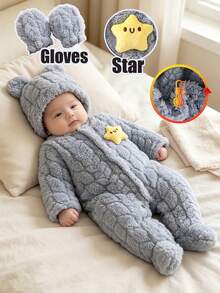 Neugeborenes Baby Unisex Blau Doppelseitig Zopfstrick Plüsch Langarm Langer Jumpsuit Mütze Handschuhe Set, Bequem Niedlich Weich Stern Dekor Hauskleidung, Geeignet für Outdoor - Blau - Übersicht 3