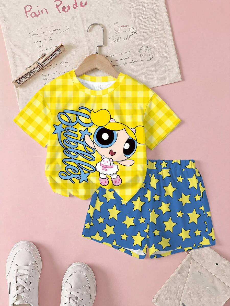 THE POWERPUFF GIRLS X SHEIN 少女卡通印花短袖T恤與短褲休閒套裝 - 白色 - 查看 1