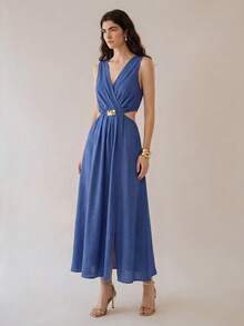 SHEIN Women's Sleeveless Long Dress With Metal Waist Decoration And Cutout Design - Blue - View 6