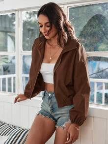 SHEIN Frenchy 秋冬拉鍊落肩夾克 - 棕色 - 查看 4