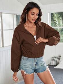 SHEIN Frenchy 秋冬拉鍊落肩夾克 - 棕色 - 查看 5