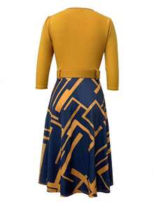 Lunelith SHEIN Lunessa Kleid mit Patchwork Geometrischem Muster, Reißverschluss Teilung vorne und Taillenzugband - Gelb - Übersicht 2