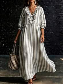 SHEIN Holidaya Women's Long Striped Print V-Neck Ruffle Collar Long Sleeve Maxi Dress, Elegant Fashionable Casual Vacation Holiday Party Business Commute Style - Multicolor - View 7