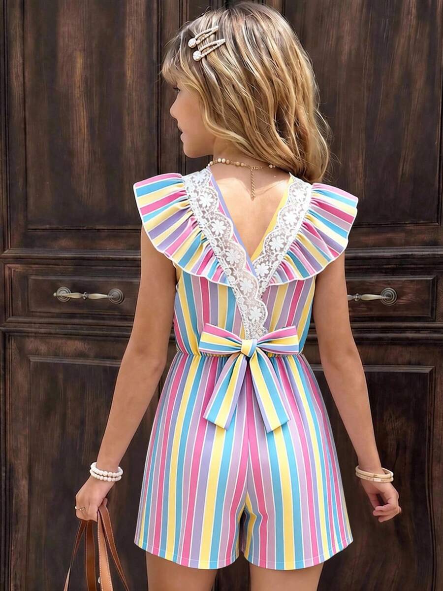 Tween Girl Colorful Striped Ruffle Romper - Multicolor - View 1
