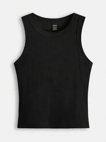 SHEIN BASICS Solid Slim Tank Top Summer Tops - Black - View 9