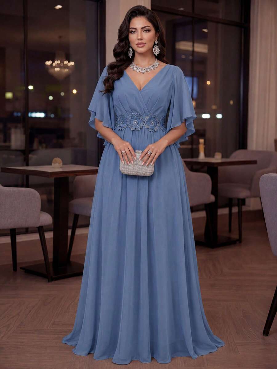 SHEIN Lady CURVE 霧藍色大尺碼蕾絲3D花卉春夏亮面曲線洋裝，適用於婚禮、晚宴、正式宴會、雞尾酒會、派對、畢業典禮、生日派對及其他正式場合時尚系列