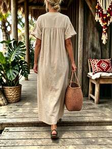 Holdful Holdful Women's Solid Color Round Neck Short Sleeve Single-Breasted Casual Long Dress - Multicolor - View 2