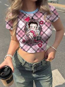 Betty Boop x SHEIN 女款夏季休閒時尚街頭風日常通勤卡通角色格紋印花短袖修身短版T恤 - 白色 - 查看 5