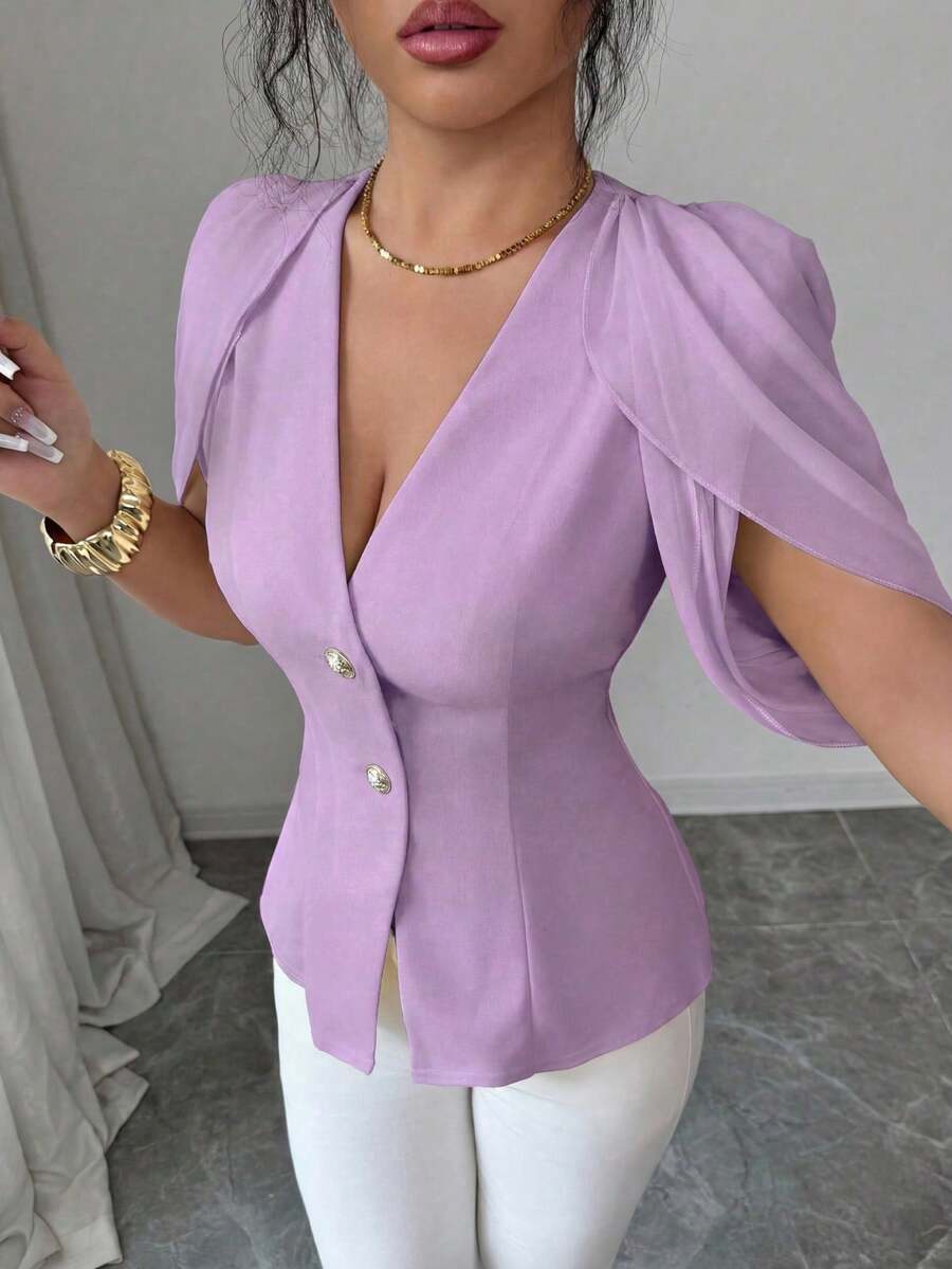 SHEIN Elenzya 女士优雅浪漫修身西装外套,V领设计,褶裥收腰 - 淡紫色 - 查看 1