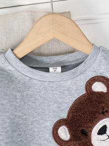 SHEIN Baby Boy Colorblock Patchwork Printed Bear Crew Neck Pullover Sweatshirt - Grey - View 4