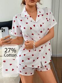 Napfluff 女款愛心對比色開襟家居服套裝 - 紅色 - 查看 7