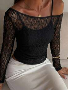 FRIFUL Women's Solid Black Sheer Lace Layering Slim Fit Flattering Versatile Top Long Sleeve Cute Tops - Black - View 1