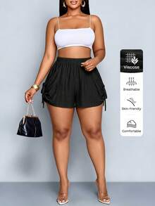 SOLERSUN Plus Size Women's Solid Color Side Tie Pocket Casual Shorts - Black - View 2