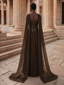 Coutiva Váy dài tay đính sequin thanh lịch, váy dạ hội cao cấp cho tiệc tối - Màu Khaki - Xem 2
