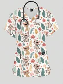 PopScrub Women's Cartoon Cat Pattern Short Sleeve Scrub Top - Multicolor - View 1