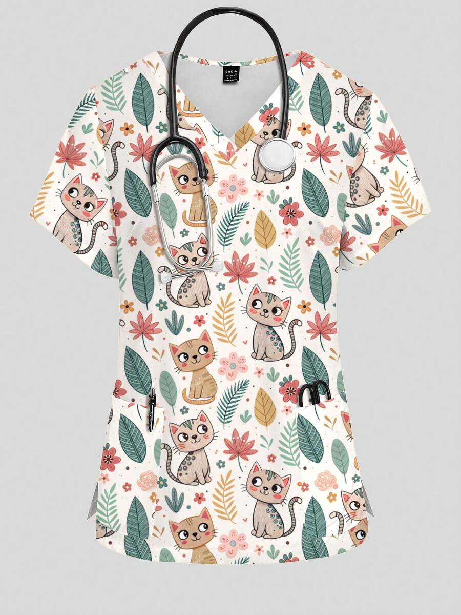 PopScrub Women's Cartoon Cat Pattern Short Sleeve Scrub Top - Multicolor - View 1