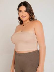 SHEIN BASICS 大尺碼短版抹胸上衣/夏季/露肩上衣 夏季女款穿搭上衣 - 杏色 - 查看 5